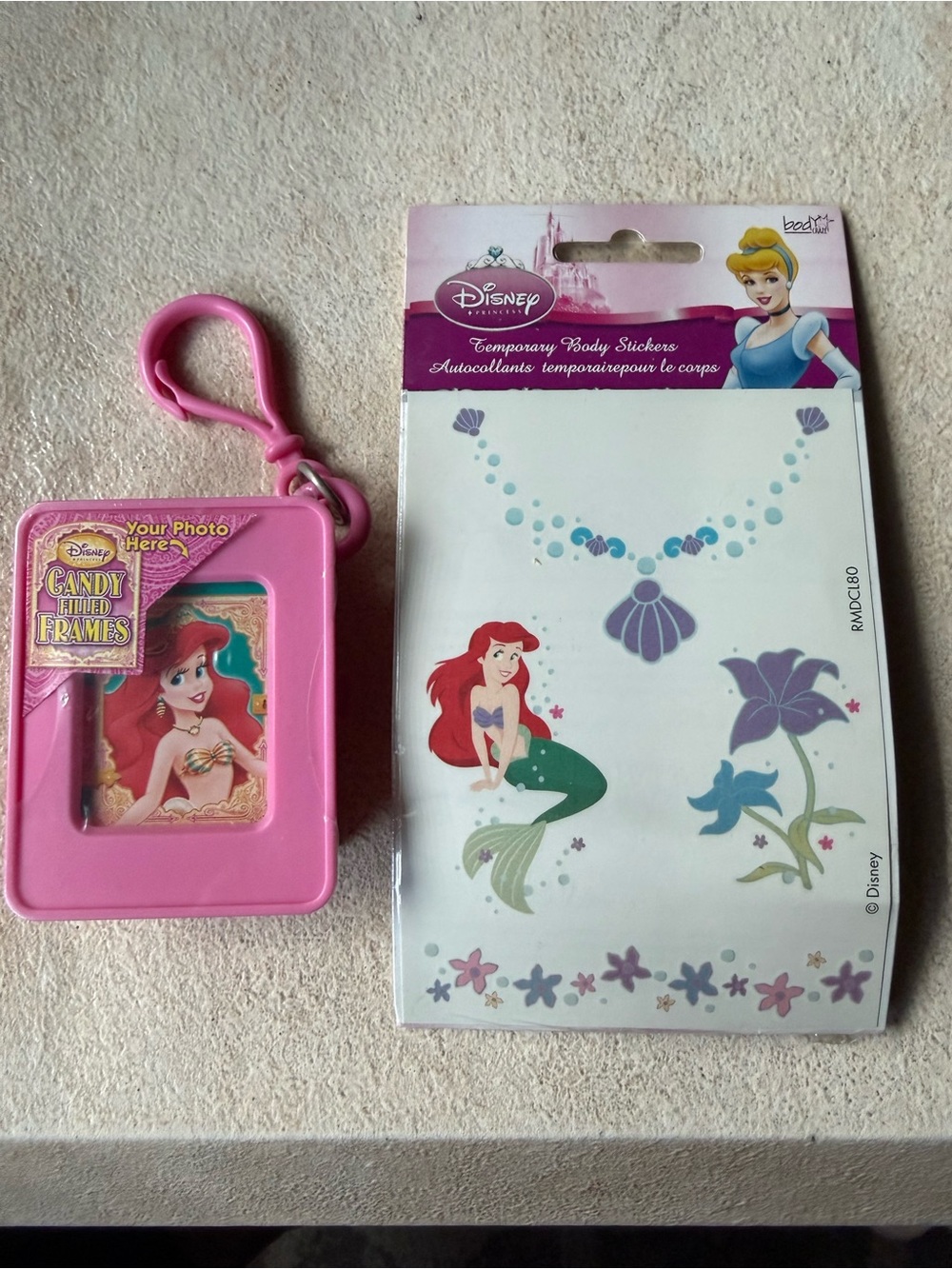 Disney Ariel Candy Hearts Filled Photo Frame Keychain & Temporary Body Stickers